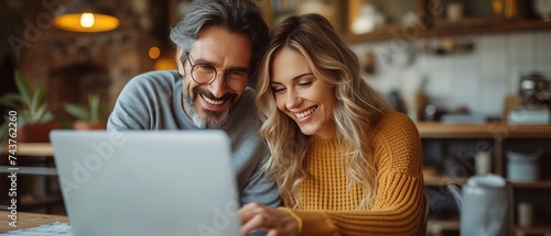 Happy couple looking at laptop together in home office. Exited couple talking to friends on laptop.