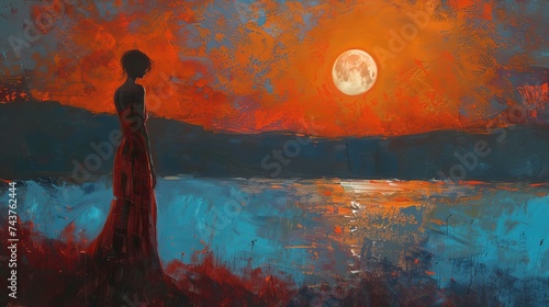 Painting of a woman standing near the sea during sunset or sunrise
