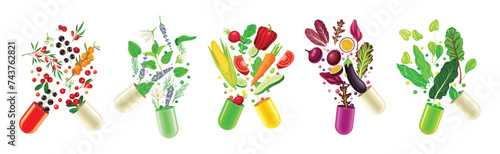 Open Vitamin Capsule with Fruit and Vegetables as Supplements Vector Set