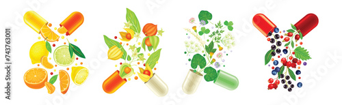 Open Vitamin Capsule with Fruit and Vegetables as Supplements Vector Set