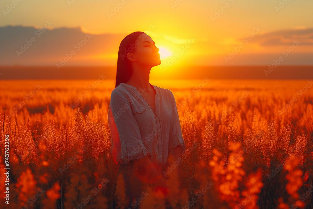 Golden Hour Bliss: Young Woman Embracing Nature