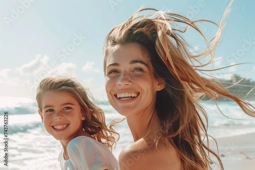 Happy smiling beautiful woman with her daughter having fun on the beach.