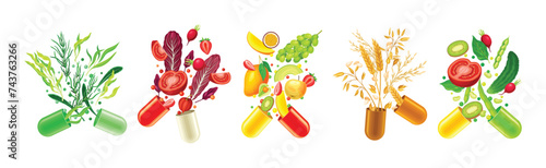 Open Vitamin Capsule with Fruit and Vegetables as Supplements Vector Set