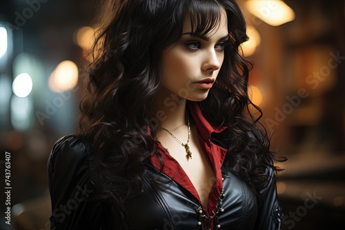 A woman exudes confidence in a black leather jacket and red shirt, standing with poise and independence