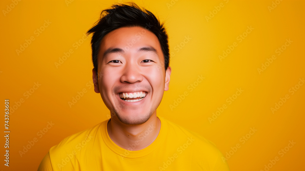 Asian guy portrait smiling to camera over yellowish background and empty space for text. Asian guy portrait smiling to camera over yellowish background and empty space for text.