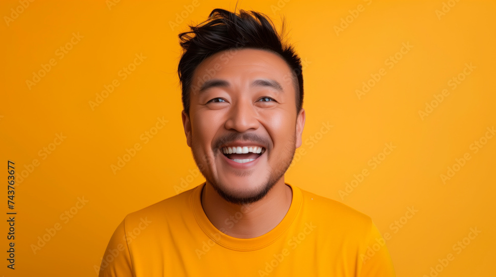 Asian guy portrait smiling to camera over yellowish background and empty space for text.
