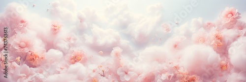 A mesmerizing sight of a vast cloud of delicate pink flowers floating gracefully in the sky, creating a dreamy and enchanting atmosphere