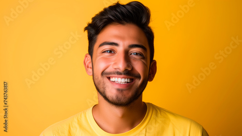 Latin man portrait smiling to camera over yellowish background and empty space for text.