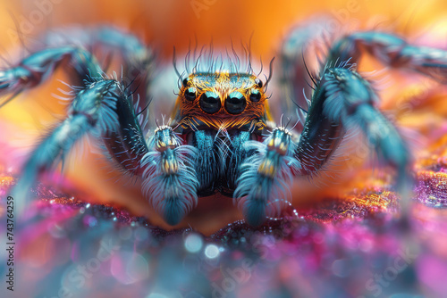 A spider making a quantum leap through a vibrant wormhole threads of reality unraveling