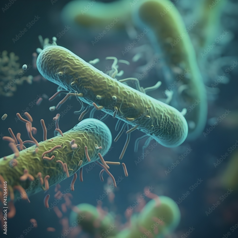 3d Render of bacteria, germs, viruses and other biological micro-organisms on black background - obrazy, fototapety, plakaty 