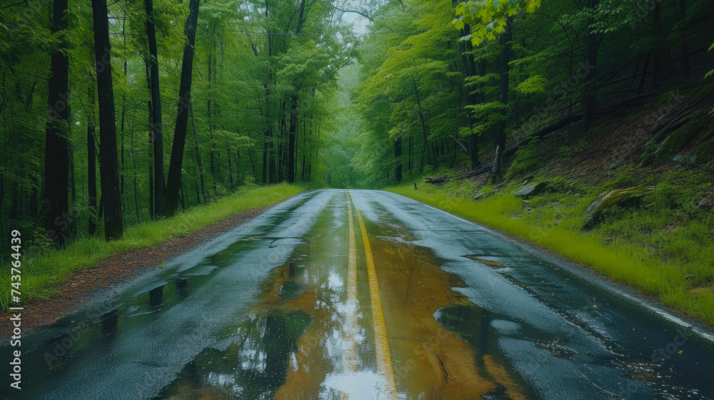 Fototapeta premium Serene Rainy Day Drive: Embrace Nature's Refreshing Palette