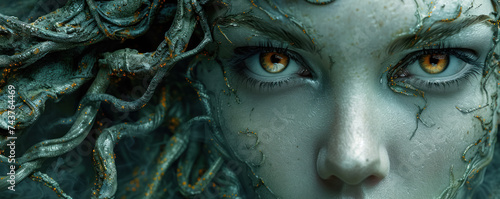 Closeup on Medusa serene yet powerful amidst a dark stormy background