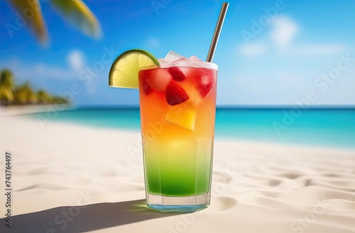 Mocktail on light beach background. The ice drink in the beach.