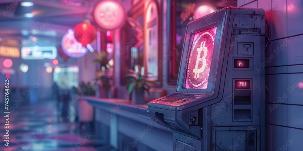 Futuristic bank teller specialized in bitcoin interactive display Futuristic bank teller specialized in bitcoin interactive display