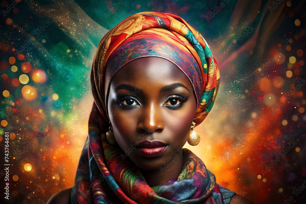 Portrait of beautiful african american woman in headscarf, women history, women's day - obrazy, fototapety, plakaty 