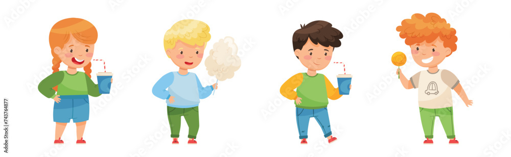 Cute Boy and Girl Eating Sweets and Sugary Treats Vector Set Cute Boy and Girl Eating Sweets and Sugary Treats Vector Set
