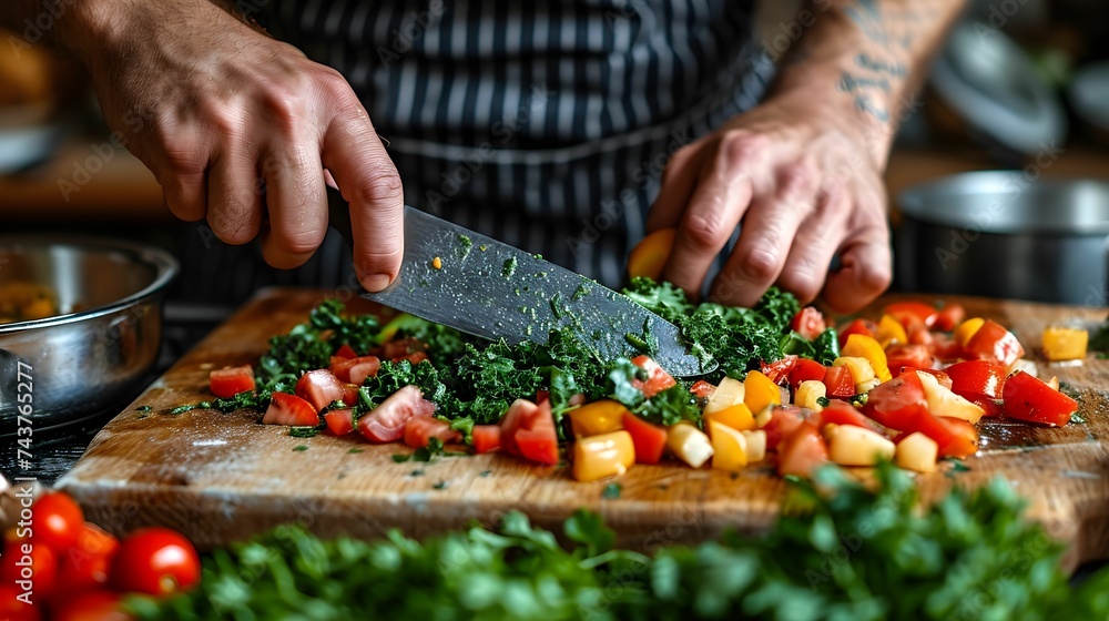 Male hands cut greens and tomatoes for salad on a wooden board. chef cutting salad in the kitchen