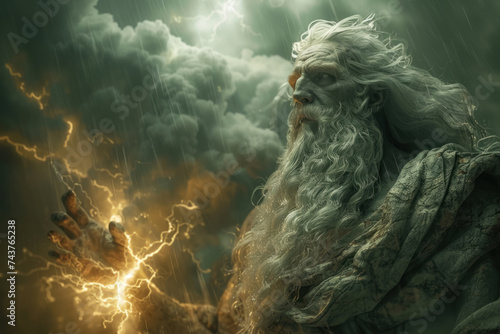 Zeus casting a thunderbolt deflecting with a tidal wave epic energy