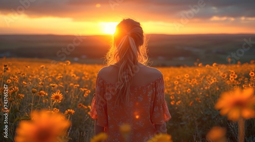 a woman stay with her back to the camera in a chamomile field and looks at the sunset