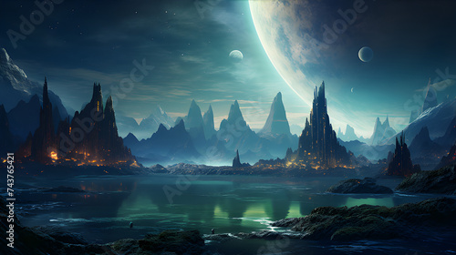  Landscape for Space featuring alien planets  cosmic nebulas  and futuristic spacecraft