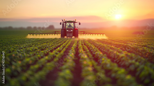 system in the field - crop sprayer spraying pesticide on a field