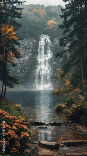 beautiful waterfall in a pine forest in the mountains. vertical orientation. mountain waterfall