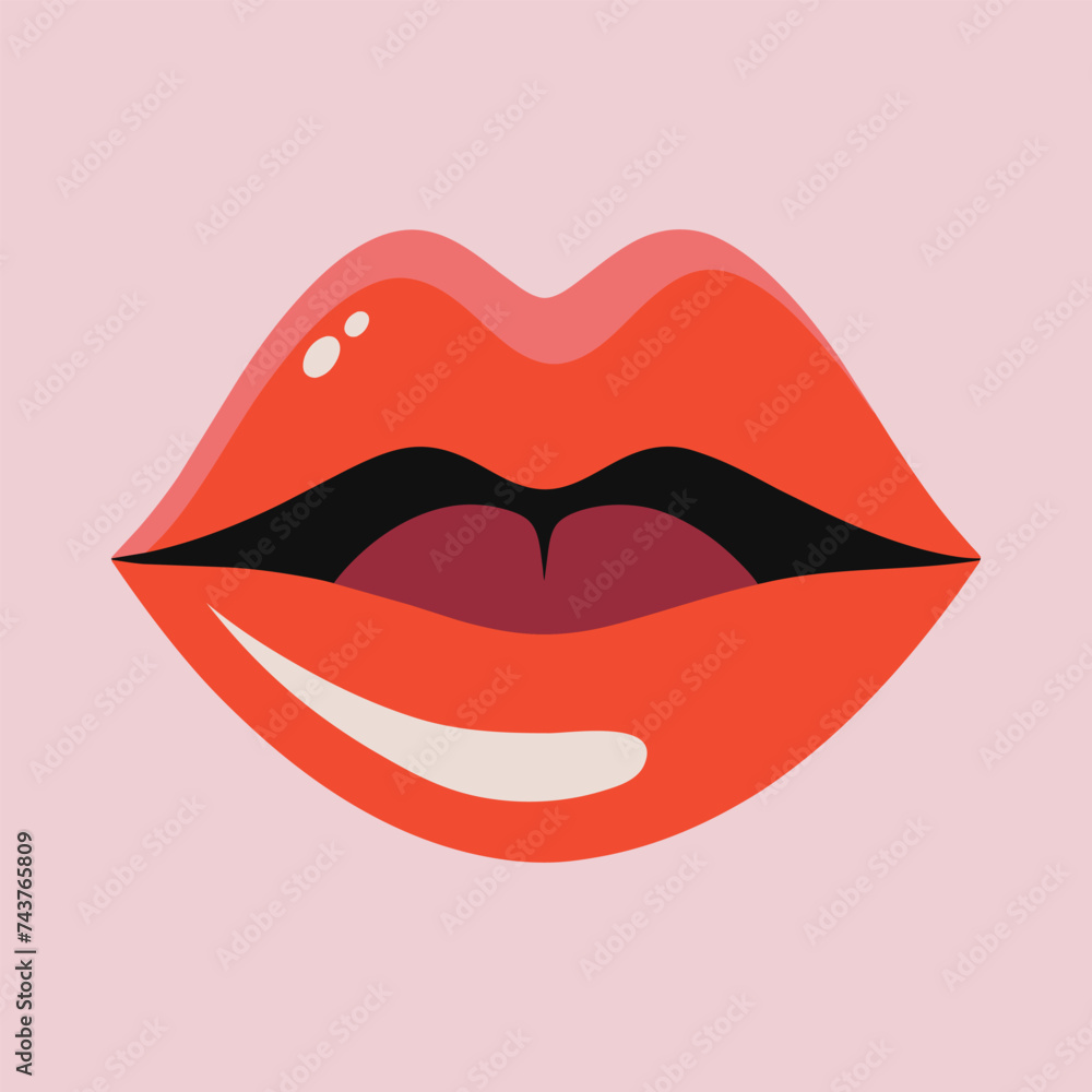 Open female mouth with red lips isolated on pink background. Trendy flat design, vector illustration.