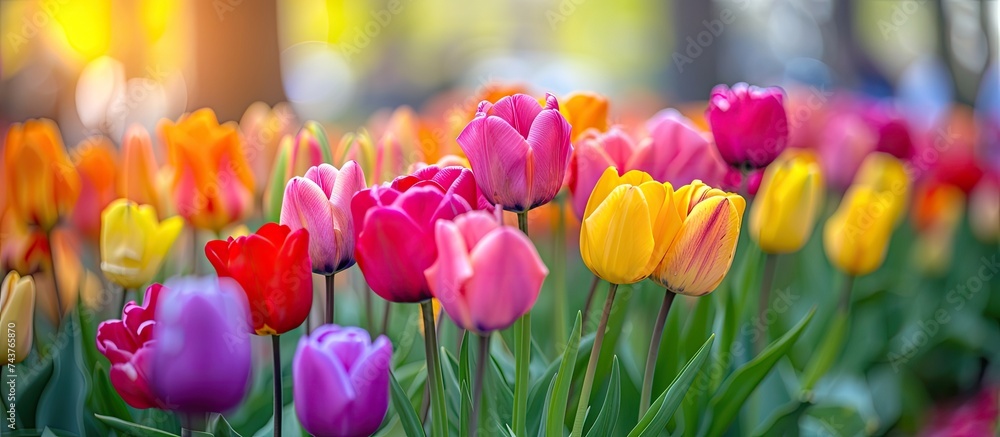 A beautiful scene of a field filled with vibrant and colorful tulips in full bloom on a sunny day. The flowers are a mix of red, yellow, pink, purple, and orange, creating a stunning display of A beautiful scene of a field filled with vibrant and colorful tulips in full bloom on a sunny day. The flowers are a mix of red, yellow, pink, purple, and orange, creating a stunning display of