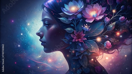 Beautiful woman with flowers in her hair and fantasy landscape background.