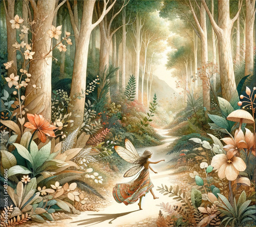 A Fairy Princess flying through a magical forest, children Fantasy, classical Fairytale