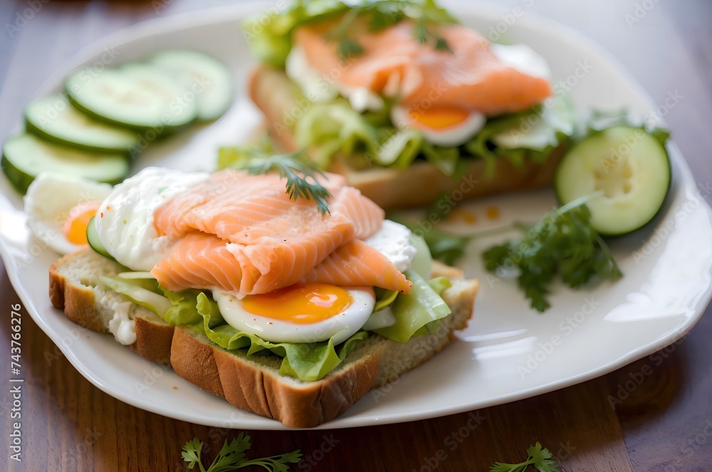 fried toast with lettuce, egg, cucumbers and red fish in a plate.