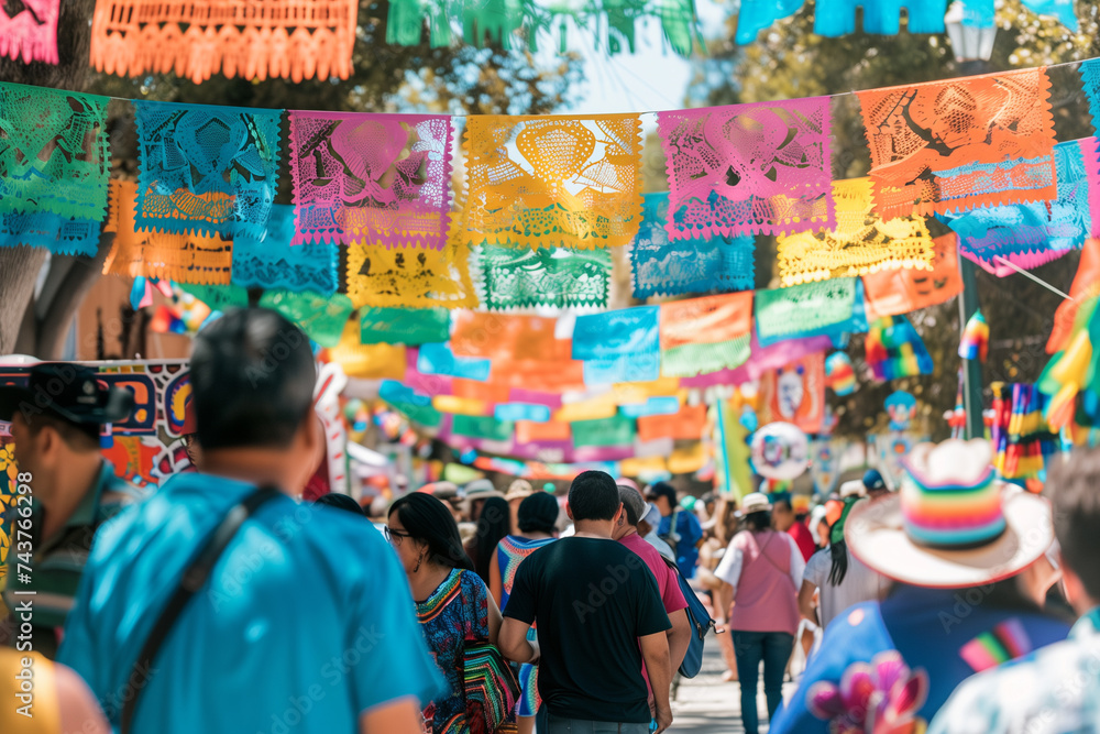 A vibrant street scene filled with people celebrating Cinco de Mayo, featuring colorful decorations and traditional clothing A vibrant street scene filled with people celebrating Cinco de Mayo, featuring colorful decorations and traditional clothing