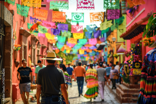 A vibrant street scene filled with people celebrating Cinco de Mayo, featuring colorful decorations and traditional clothing © Jakraphong