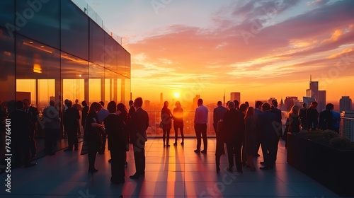 Rooftop business event against urban sunset view. Corporate gathering with city skyline view.