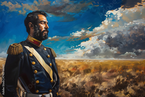 A portrait of General Ignacio Zaragoza, hero of the Battle of Puebla, gazing determinedly towards the horizon