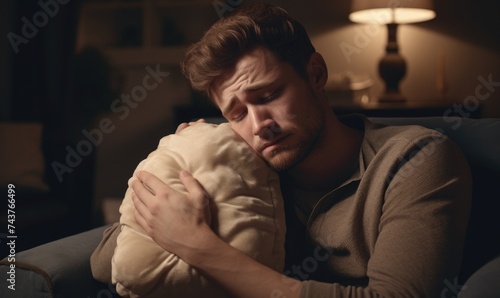A man holding a pillow. Sleepless night.