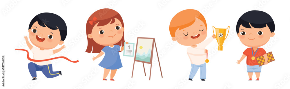 Cute Kids Winner Celebrate Victory Have Award Vector Set Cute Kids Winner Celebrate Victory Have Award Vector Set