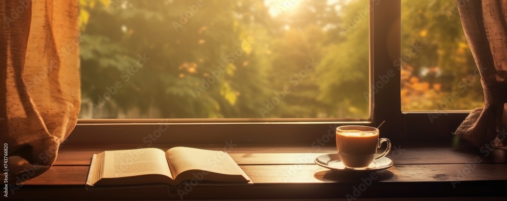A picture of coffee on the desk under the window, a book spread out and curtains blowing in the wind. - obrazy, fototapety, plakaty 