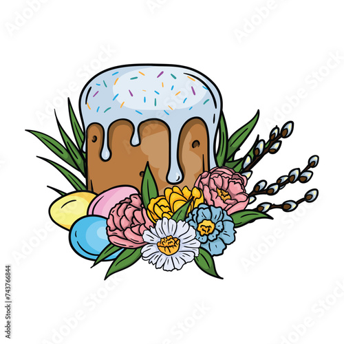 Bright color illustration of Easter cake, pussy willow and eggs in the grass and flowers. Vector image for postcard