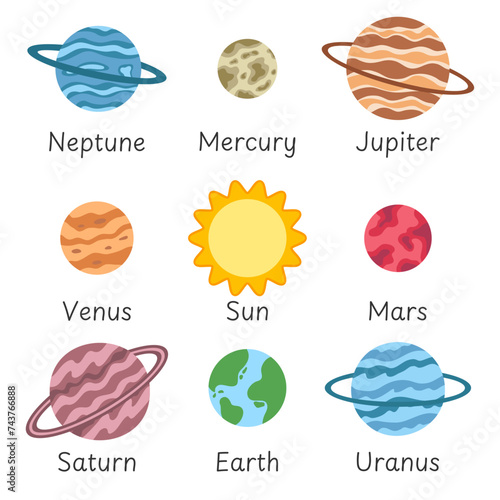 Planets of the solar system with names. Vector illustration.