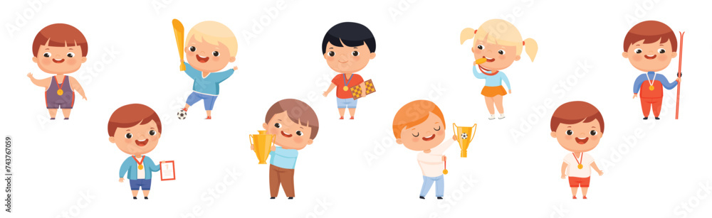 Cute Kids Winner Celebrate Victory Have Award Vector Set Cute Kids Winner Celebrate Victory Have Award Vector Set