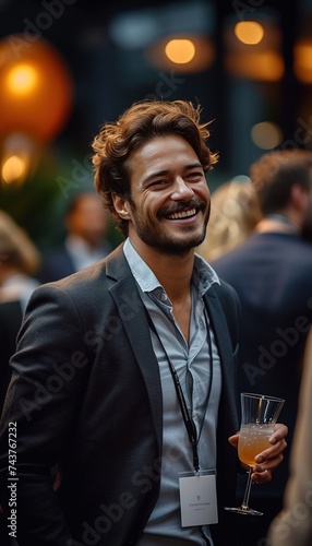 Businessman holding a glass of wine and laughing ant social event. Happy man talking to coworkers.