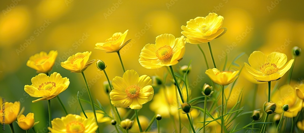 A cluster of bright yellow flowers stand out against the green grass in a natural outdoor setting. The flowers bloom vibrantly, adding a pop of color to the landscape.