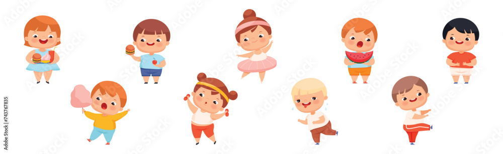 Funny Overweight Little Boy and Girl with Chubby Body Vector Set Funny Overweight Little Boy and Girl with Chubby Body Vector Set