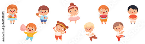 Funny Overweight Little Boy and Girl with Chubby Body Vector Set
