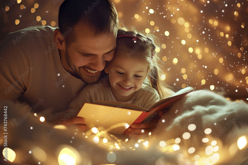 Bedtime, father reads book to his child Bedtime, father reads book to his child