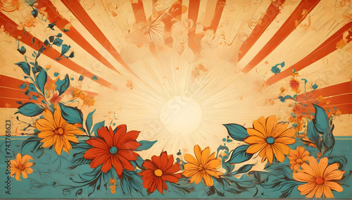 Retro sun burst vintage banner background illustration with a different floral motif and floral elements.