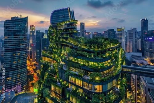 Eco-Friendly Urban Architecture - Sustainable building in cityscape with green vegetation and modern design  promoting eco living and green architecture