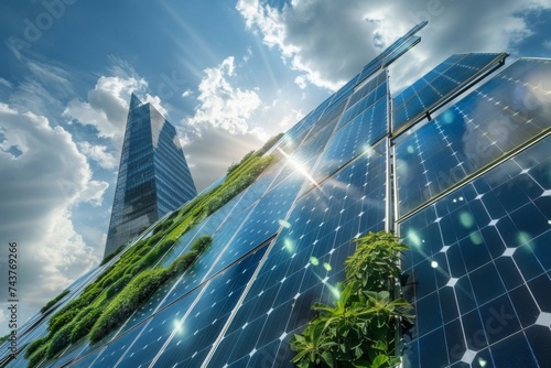 Innovative Solar Panel Technology - Green building integrated with solar panels and living wall, harnessing renewable energy