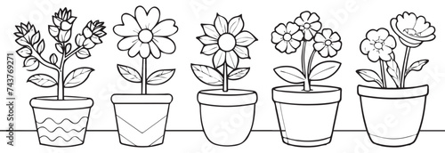 Set of continuous one line drawing of a flowers in a pots